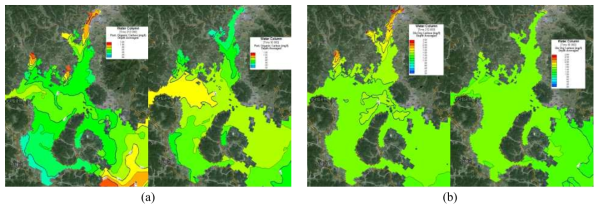 Calculated results of POC (a) and DOC (b) concentrations by ecological model in cases of rainy (a-left, b-left) and wet seasons