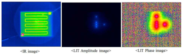 InfraTec 상용 프로그램을 이용한 short 결함을 가지는 열원기판의 LIT 검사 결과