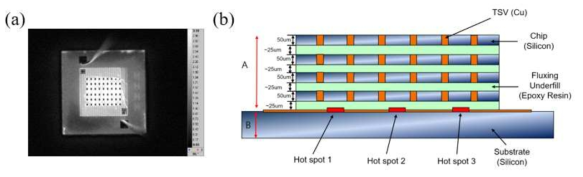 TSV기반 4단 적층샘플 (a) 적외선이미지 (b) 단면구조