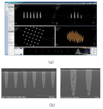 (a) 직경 5 um TSV X-ray 분석 사진, (b) X-ray 관찰 시료를 SEM으로 관찰한 사진