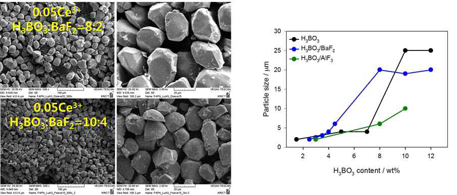 혼합융제에 의한 Lu3Al5O12:Ce3+ 형광체의 FE-SEM 사진 및 입자크기 변화