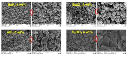 단독융제의 종류 및 함량에 따른 형광체의 FE-SEM 사진
