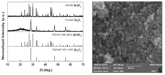 EuSO4 전구체와 전환된 Eu2O3의 X-선 회절패턴과 SEM 사진