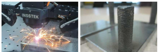 DMT process image (left), Manufactured metal bar (right)
