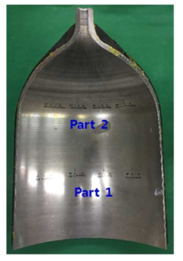 Type 3 수소용기 1/8을 절단하여 방전가공에 의해 가공한 기준시편 사진 Part 1은 비곡관부, Part 2는 곡관부임