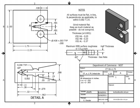 Test specimen drawing for fatigue crack growth test