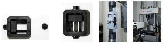 Jig for prestrain the tensile test specimen (a) before assemble the specimen, (b) after assemble the specimen, (c) assemble the jig to test machine (d) measure the prestrain