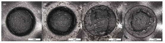 Photo of fracture surface by stereo zoom microscopy for X-70 steel after notch tensile test (a) atm, (b) 10 MPa He gas, (c) Mixed gas, (d) 100 % H2 gas