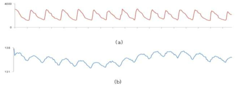 PPG신호와 피부색 신호 비교. (a)PPG 신호. (b) 피부색 신호.