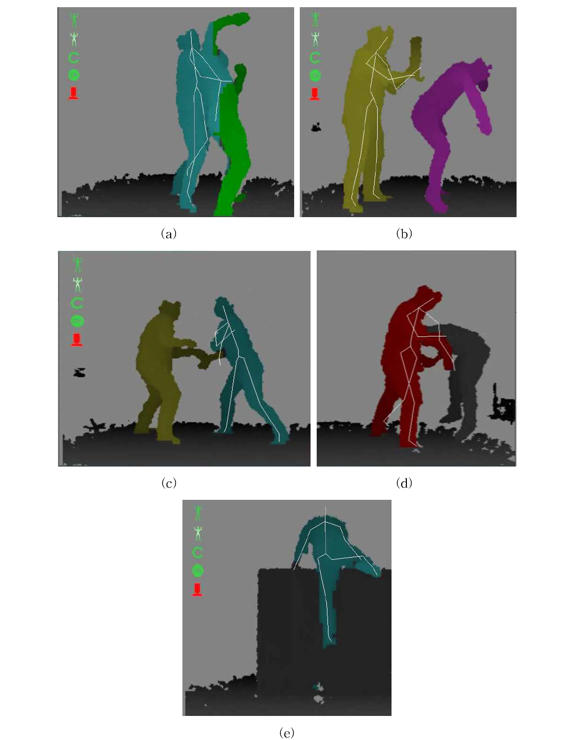 Skeletal human models (a) kidnap, (b)(c)(d) assault, (e)climb over a wall.