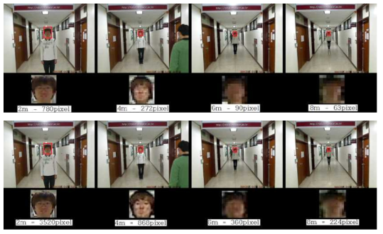 Facial Feature analysis regarding camera distance and image resolution (upper: 320x240, lower:640x480).