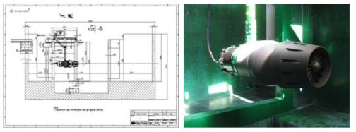 볼라드 당김 시험 장치도면 및 추진기 수중 장착 모습