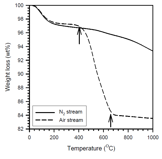 반응 후의 ZSM-5촉매에 대한 질소 분위기와 산소 분위기에서 TGA 분석