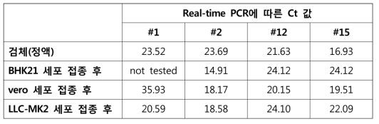 지카바이러스 확진자 검체 및 세포배양액에서의 real-time PCR 결과