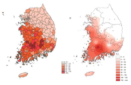 쯔쯔가무시증 환자 발생 분포 및 활순털진드기 분포(2008-2012년,2011-2013년).