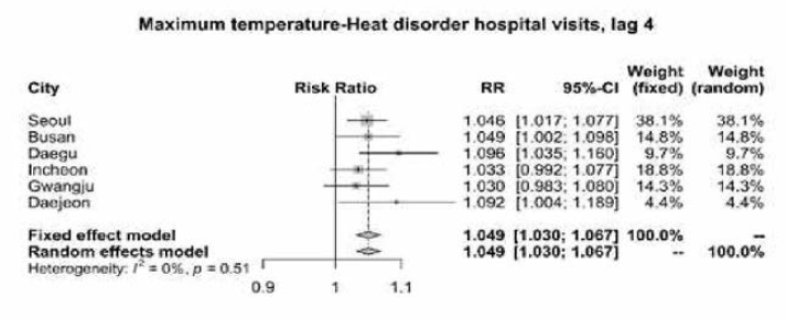 온도와 고온 관련 질환 (T67) 과의 관련성 (Lag 4)