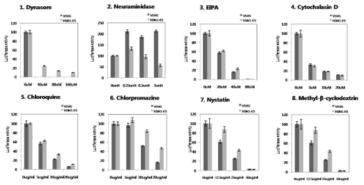 기존에 알려진 인플루엔자바이러스 세포 감염 저해제(endocytosis inhibitor)를 사용한 H5N1 VLP의 세포감염 저해 pilot test