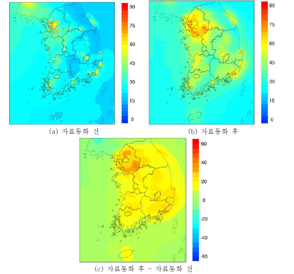 2006년 PM10 자료동화 전후 연평균 공간분포