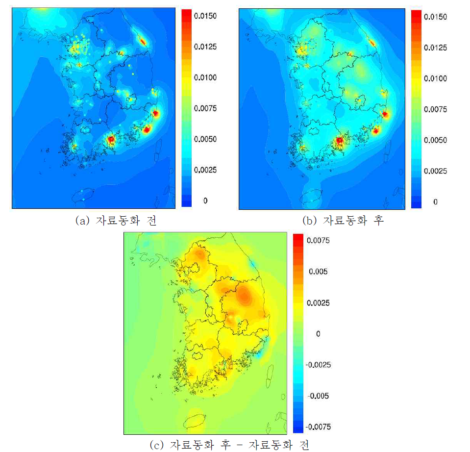 2006년 SO2 자료동화 전후 연평균 공간분포