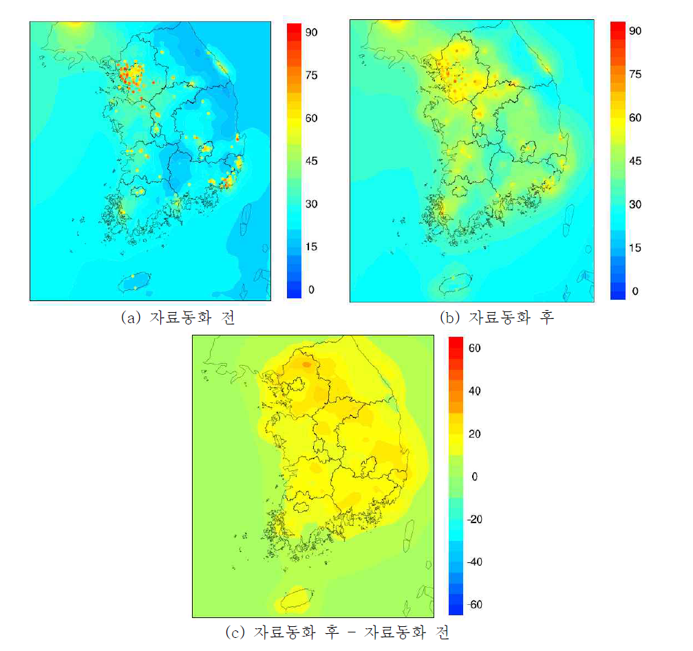 2009년 PM10 자료동화 전후 연평균 공간분포