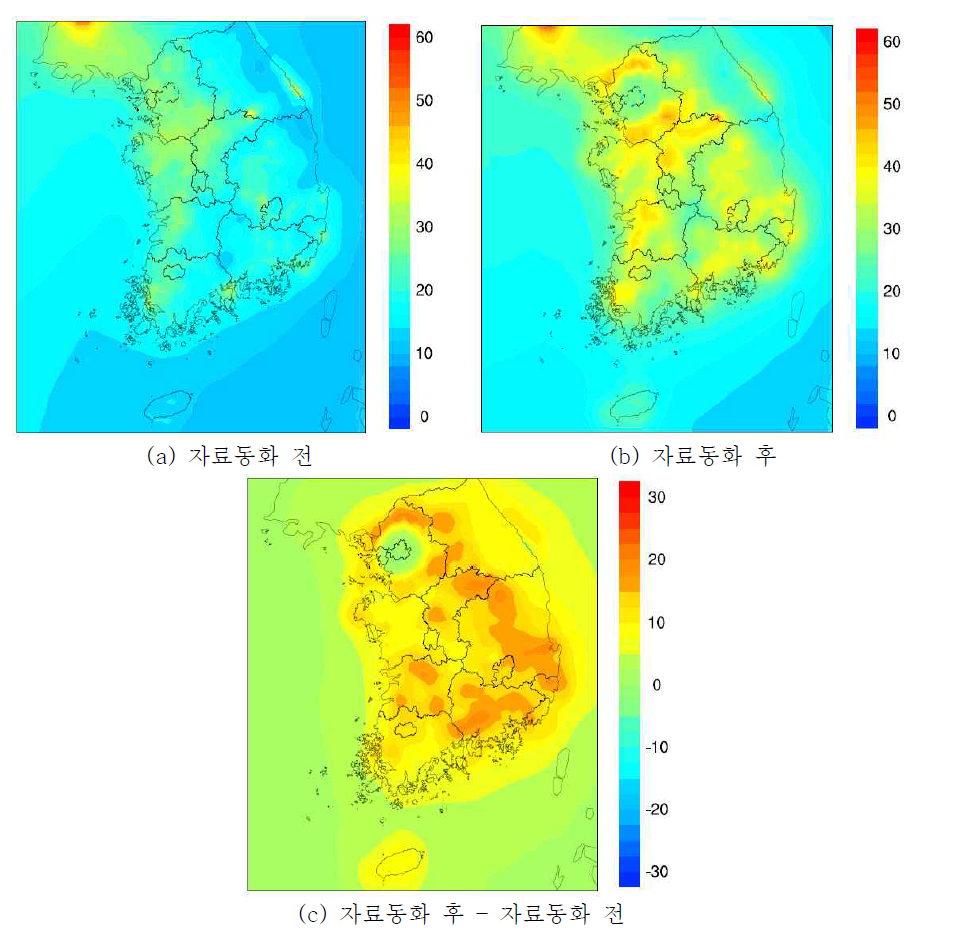 2009년 PM2.5 자료동화 전후 연평균 공간분포