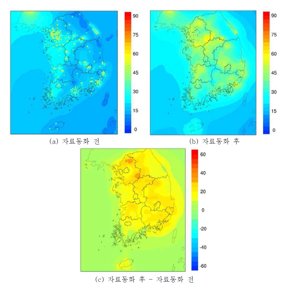 2012년 PM10 자료동화 전후 연평균 공간분포