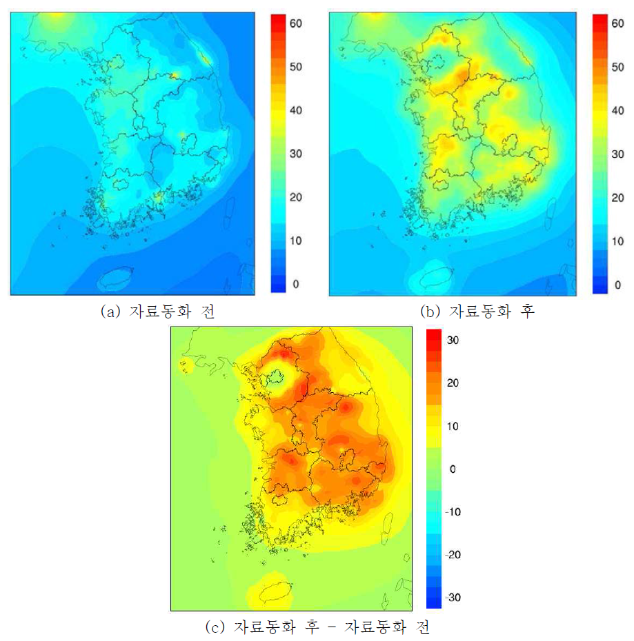 2012년 PM2.5 자료동화 전후 연평균 공간분포