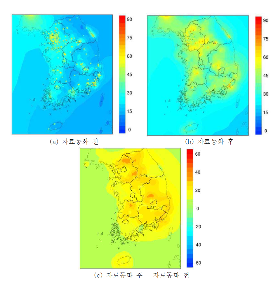 2013년 PM10 자료동화 전후 연평균 공간분포
