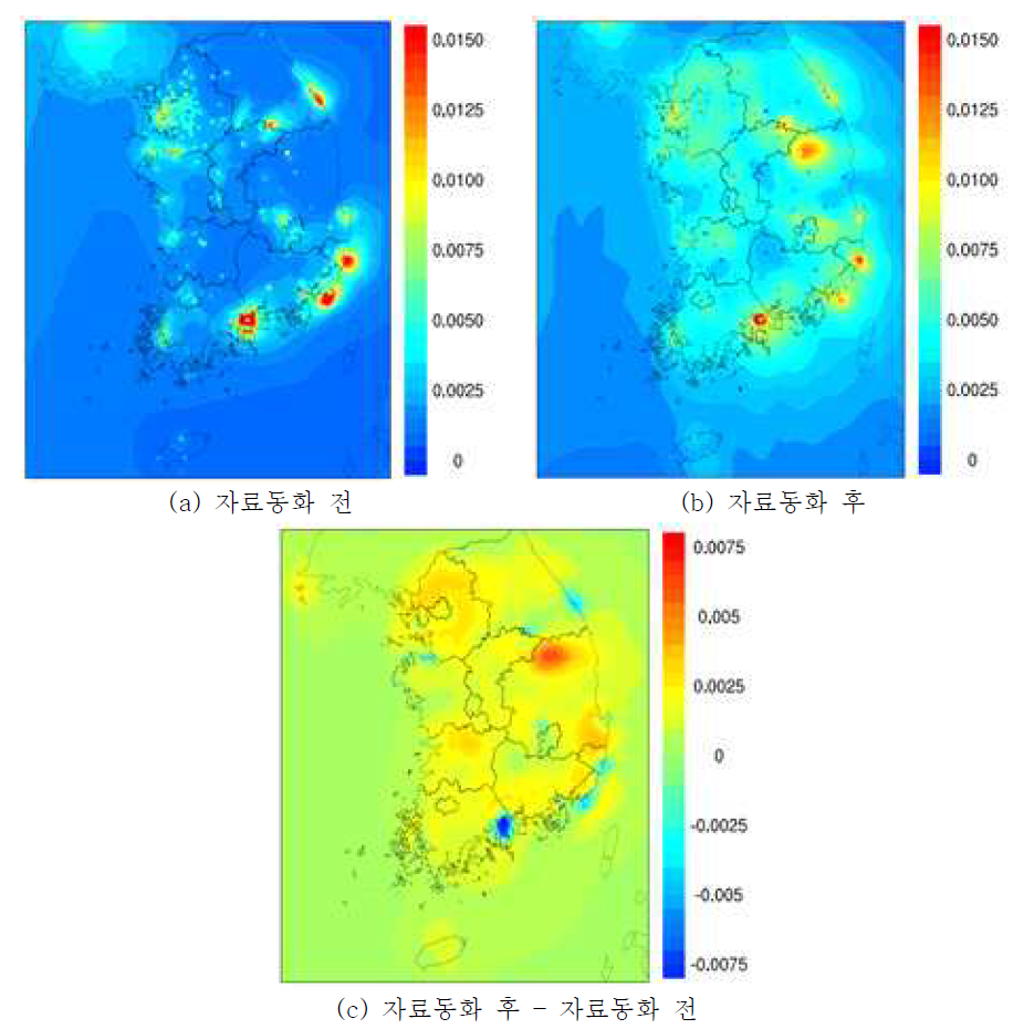 2013년 SO2 자료동화 전후 연평균 공간분포