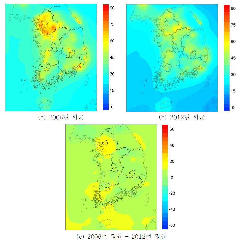 2006년 및 2012년 PM10 연평균 공간분포