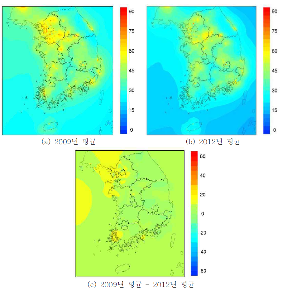 2009년 및 2012년 PM10 연평균 공간분포