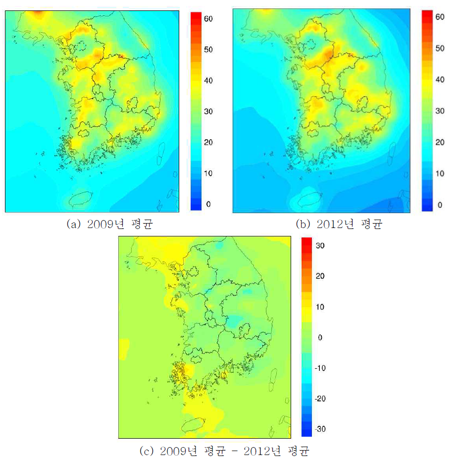2009년 및 2012년 PM2.5 연평균 공간분포