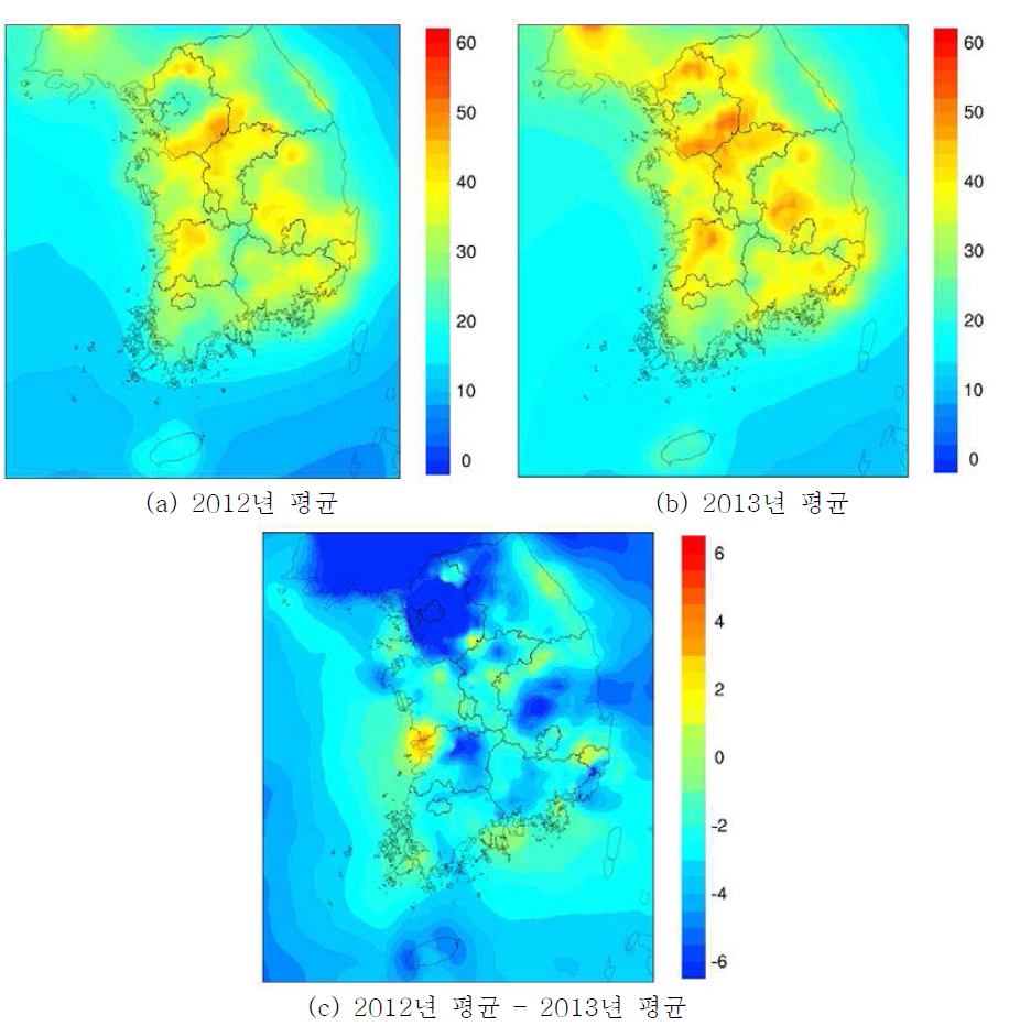 2012년 및 2013년 PM2.5 연평균 공간분포