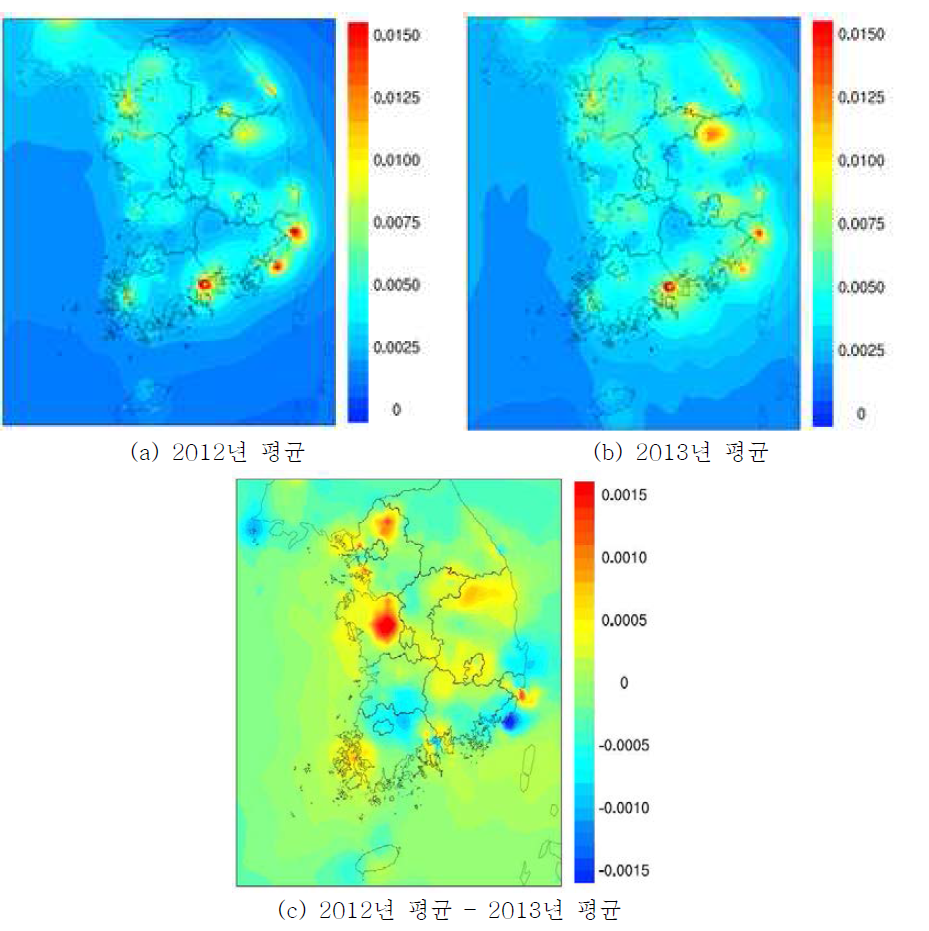 2012년 및 2013년 SO2 연평균 공간분포