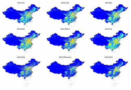 중국 2010년 MEIC 배출량의 공간분포