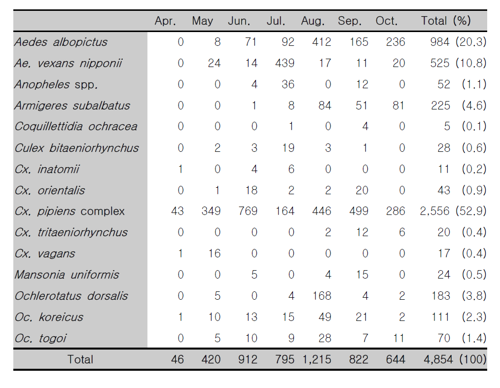 4개지역 (인천, 군산, 부산, 제주)의 월별 채집된 모기 개체수
