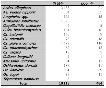 채집된 모기 종별 병원체 검출 pool 수