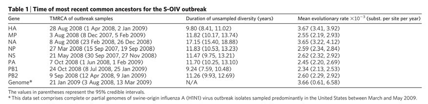 2009년 pH1N1 바이러스 유전자의 시간적 유래 및 진화율 분석