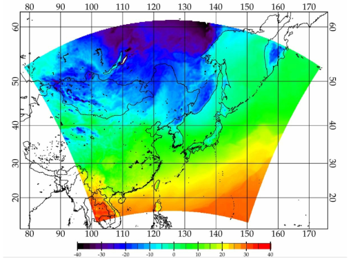 2014년 12월 6일 06UTC의 RDAPS 단일면자료의 최고온도분포