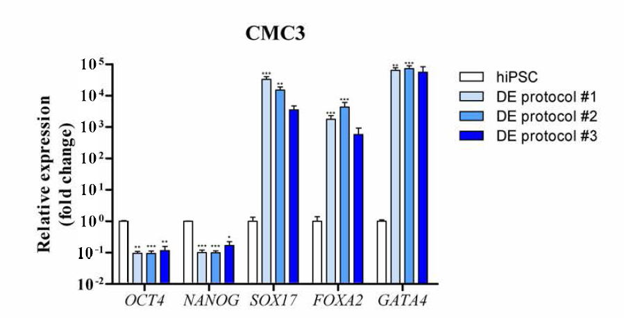 CMC-hiPSC-003 세포주로부터 분화된 내배엽 세포의 마커 유전자 발현 변화.