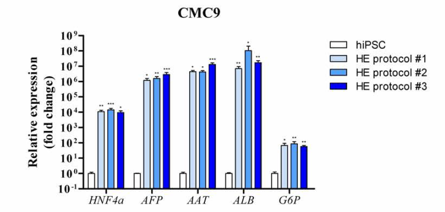 CMC-hiPSC-009 세포주로부터 분화된 간세포의 마커 유전자 발현 변화.