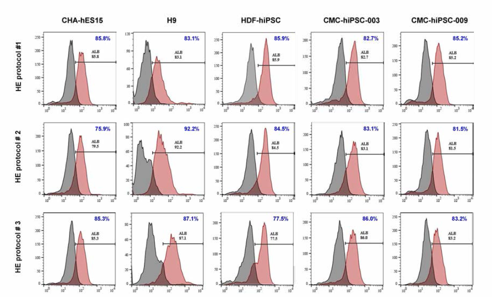 Flow cytometry를 이용한 인간 전분화능 줄기세포 유래 간세포의 분화효율 확인.