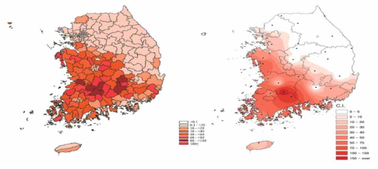 쯔쯔가무시증 환자 발생 분포 및 활순털진드기 분포