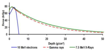 에너지에 따른 전자선, 감마선, X선의 투과곡선비교.
