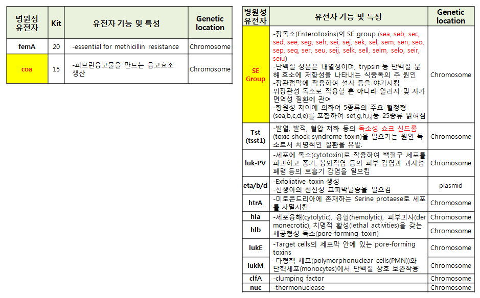 황색포도상구균의 기존 검출 유전자(좌)와 추가 검토 유전자(우)