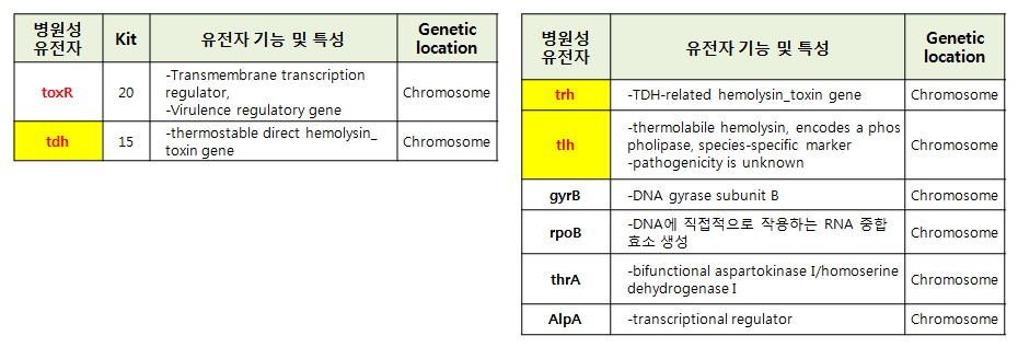 장염비브리오의 기존 검출 유전자(좌)와 추가 검토 유전자(우)