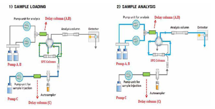 Online-SPE LC-MS/MS 분석 시스템 모식도