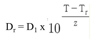 특정온도(Tr)에서 동등한 효력을 나타내는 가열시간(Dr)을 구하기 위한 식