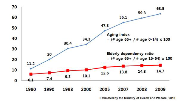 노령화 지수와 노년부양비 증가