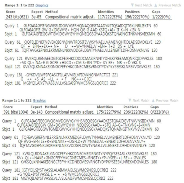 group1 H1과 group2 H7의 stalk domain 서열차이(위) 및 group1 H1과 H5의 stalk domain 서열차이(아래) 예시